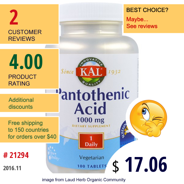 Kal, Pantothenic Acid, 1000 Mg, 100 Tablets Kal, Pantothenic Acid, 1000 Mg, 100 Tablets