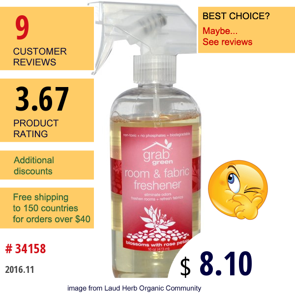 Grabgreen, Room & Fabric Freshener, Blossoms With Rose Petals, 16 Oz (473 Ml)  