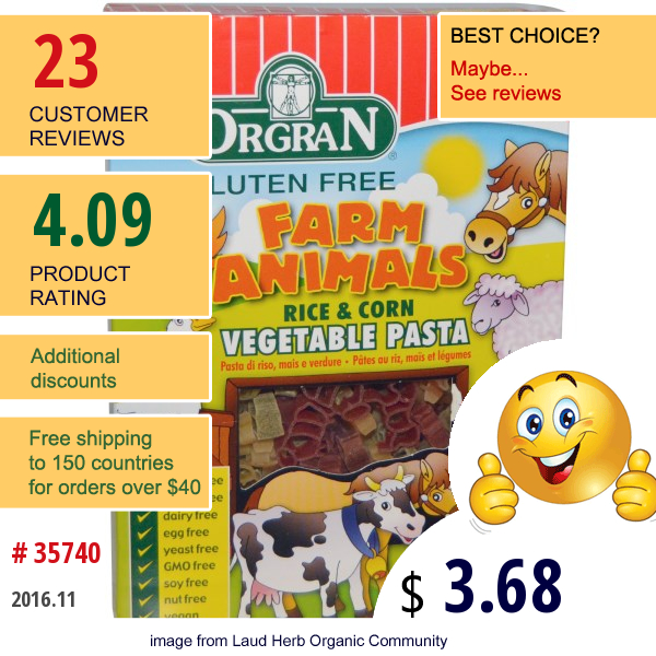 Orgran, Farm Animals, Rice & Corn Vegetable Pasta, Gluten Free, 7.0 Oz (200 G) Orgran, Farm Animals, Rice & Corn Vegetable Pasta, Gluten Free, 7.0 Oz (200 G)
