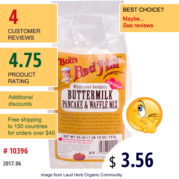 Bobs Red Mill, Buttermilk Pancake & Waffle Mix, 26 Oz (1 Lb 10 Oz) 737 G  