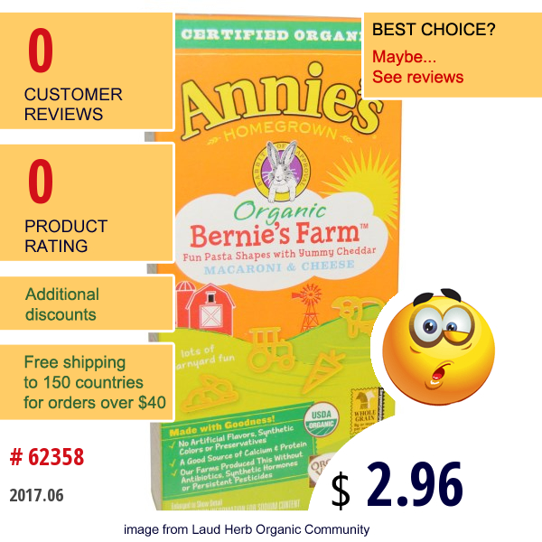 Annies Homegrown, Organic Bernies Farm Macaroni & Cheese, 6 Oz (170 G)