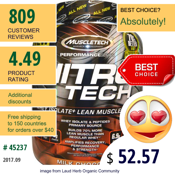 Muscletech, Performance Series, Nitro-Tech, Whey Isolate + Lean Musclebuilder, Milk Chocolate, 3.97 Lbs (1.80 Kg)