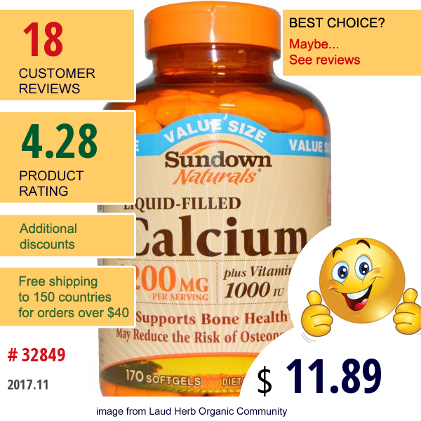 Sundown Naturals, Liquid-Filled Calcium, Plus Vitamin D3, 1200 Mg/1000 Iu, 170 Softgels