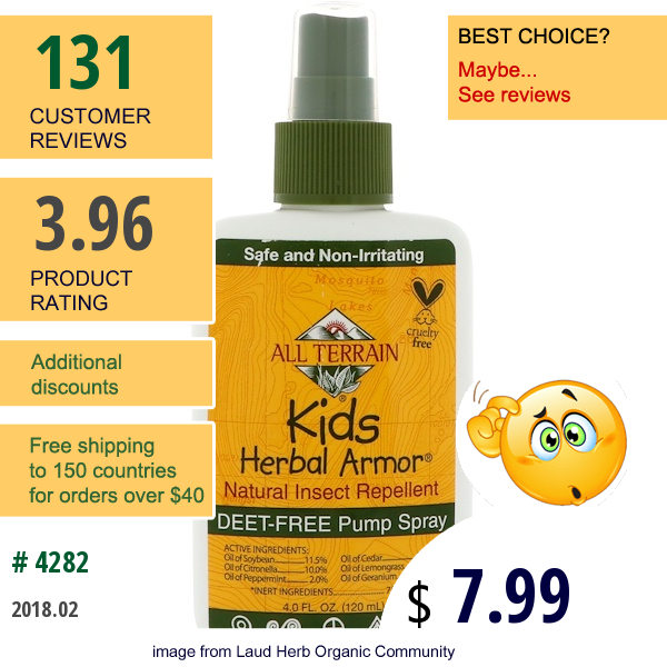All Terrain, Kids Herbal Armor, Natural Insect Repellent, 4 Fl Oz (120 Ml)