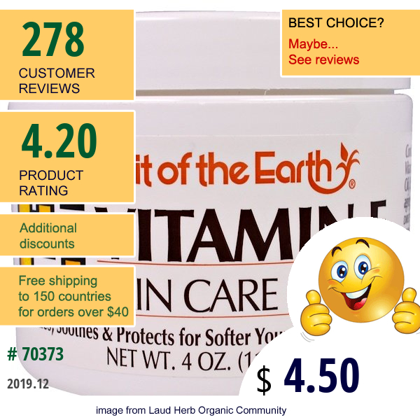 Fruit Of The Earth, Vitamin E, Skin Care Cream, 4 Oz (113 G)