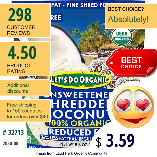 Edward & Sons, Let'S Do Organic, 100% Organic Unsweetened Shredded Coconut, Reduced Fat, 8.8 Oz (250 G)