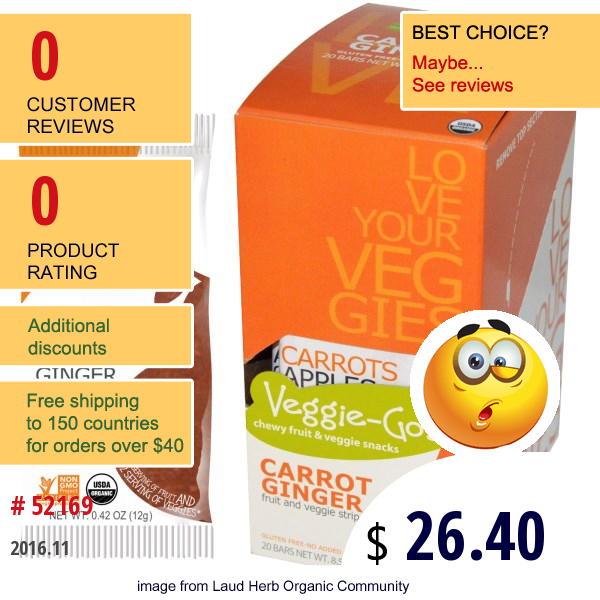 Veggie-Gos, Fruit And Veggie Strip, Carrot Ginger, 20 Bars, 0.42 Oz (12 G) Each Veggie-Gos, Fruit And Veggie Strip, Carrot Ginger, 20 Bars, 0.42 Oz (12 G) Each