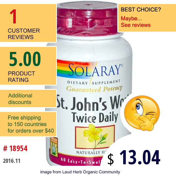 Solaray, St. Johns Wort, Twice Daily, 60 Easy-To-Swallow Capsules  