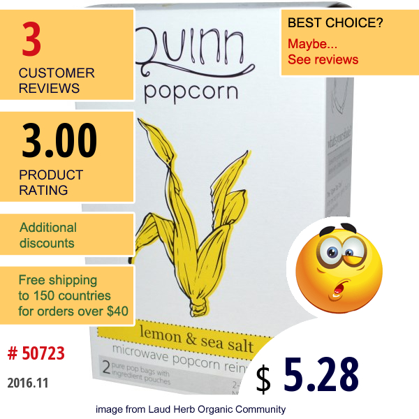 Quinn Popcorn, Microwave Popcorn, Lemon & Sea Salt, 2 Bags, 3.4 Oz (95 G) Each  