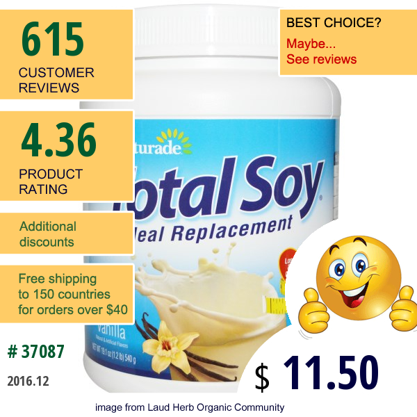 Naturade, Total Soy, Meal Replacement, Vanilla, 19.1 Oz (540 G)