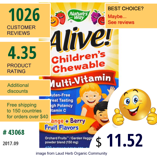 Natures Way, Alive! Childrens Chewable Multi-Vitamin, Orange, Berry Fruit Flavors, 120 Chewable Tablets