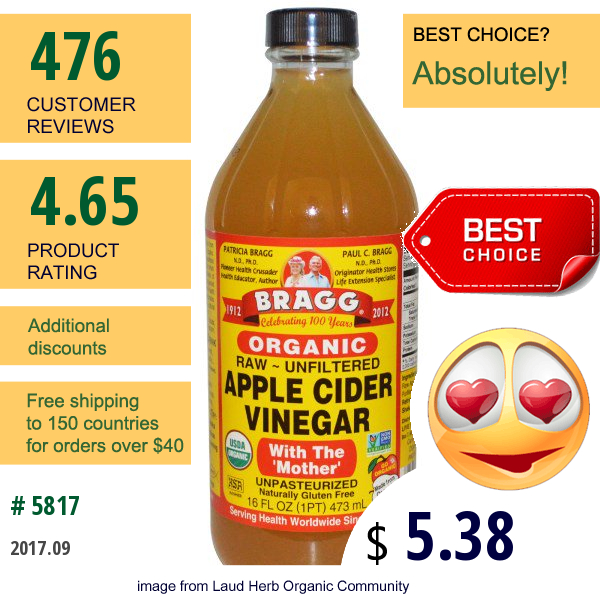 Bragg, Organic Apple Cider Vinegar With The mother, Raw-Unfiltered, 16 Fl Oz (473 Ml)  