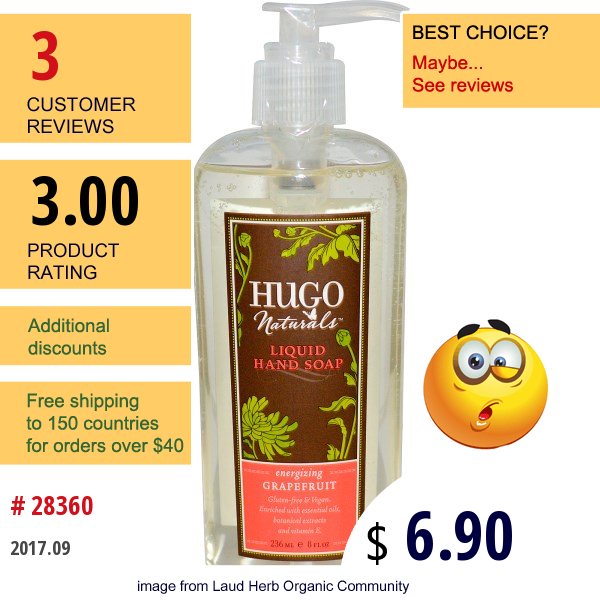 Hugo Naturals, Liquid Hand Soap, Grapefruit, 8 Fl Oz (236 Ml)  