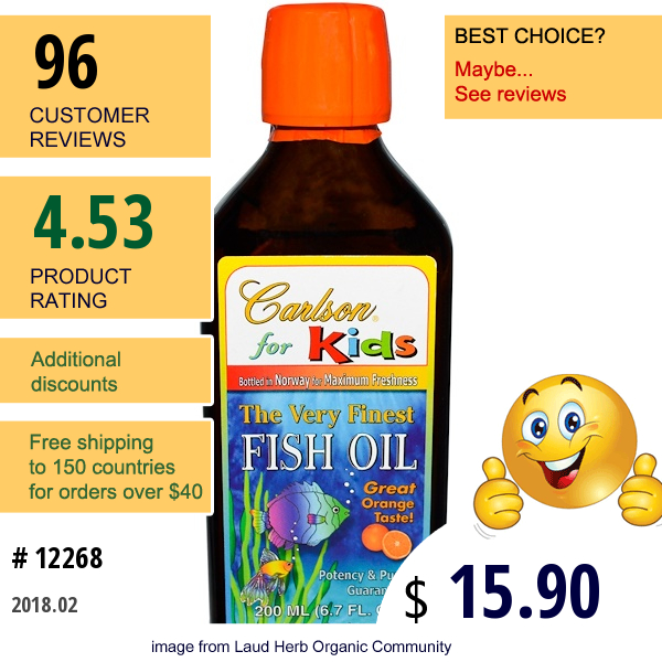 Carlson Labs, Kids,the Very Finest Fish Oil, Natural Orange Flavor, 6.7 Fl Oz (200 Ml)