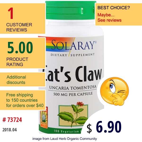Solaray, Cats Claw , 500 Mg , 100 Veggie Caps