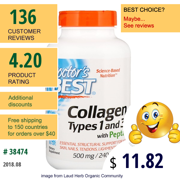 Doctors Best, Collagen, Types 1 And 3 With Peptan, 500 Mg, 240 Capsules