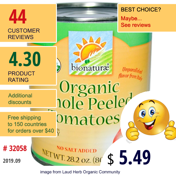 Bionaturae, Organic Whole Peeled Tomatoes, No Salt Added, 1.76 Lbs (800 G)  