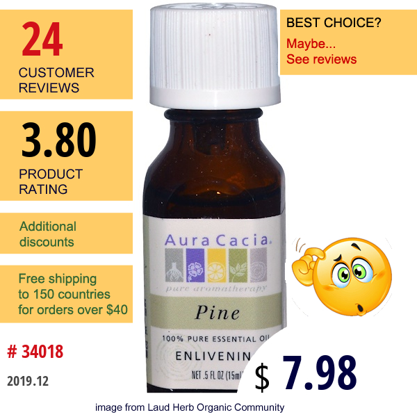 Aura Cacia, 100% Pure Essential Oil, Pine, Enlivening, .5 Fl Oz (15 Ml)  