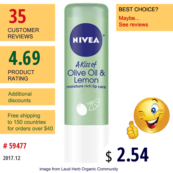 Nivea, A Kiss Of Olive Oil  & Lemon, Lip Care, 0.17 Oz (4.8 G)  