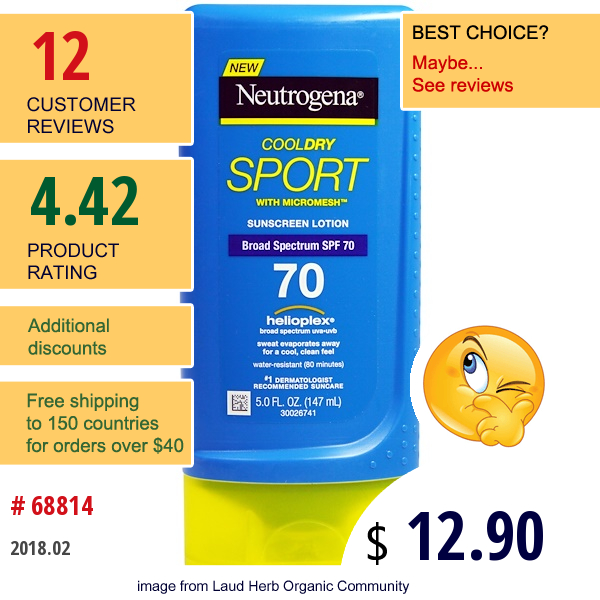Neutrogena, Cooldry Sport, With Micromesh, Sunscreen Lotion, Spf 70, 5.0 Fl Oz (147 Ml)
