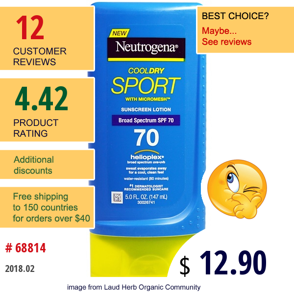 Neutrogena, Cooldry Sport, With Micromesh, Sunscreen Lotion, Spf 70, 5.0 Fl Oz (147 Ml) Neutrogena, Cooldry Sport, With Micromesh, Sunscreen Lotion, Spf 70, 5.0 Fl Oz (147 Ml)