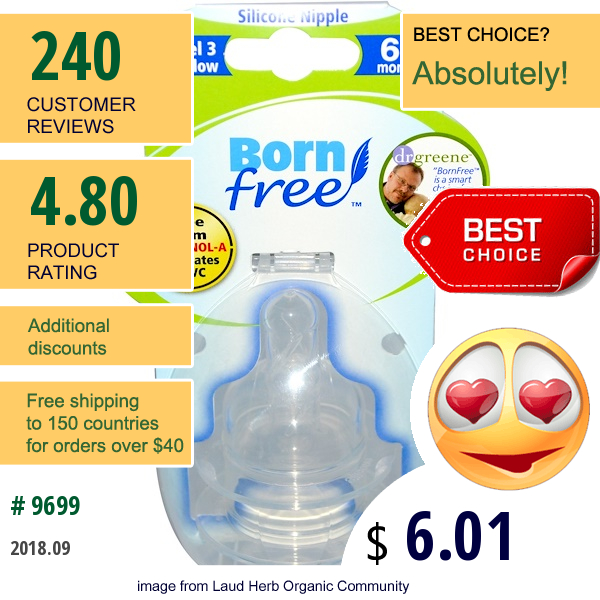 Born Free, Wide-Neck Silicone Nipples, Level 3 Fast Flow, 6+ Months, 2 Nipples  