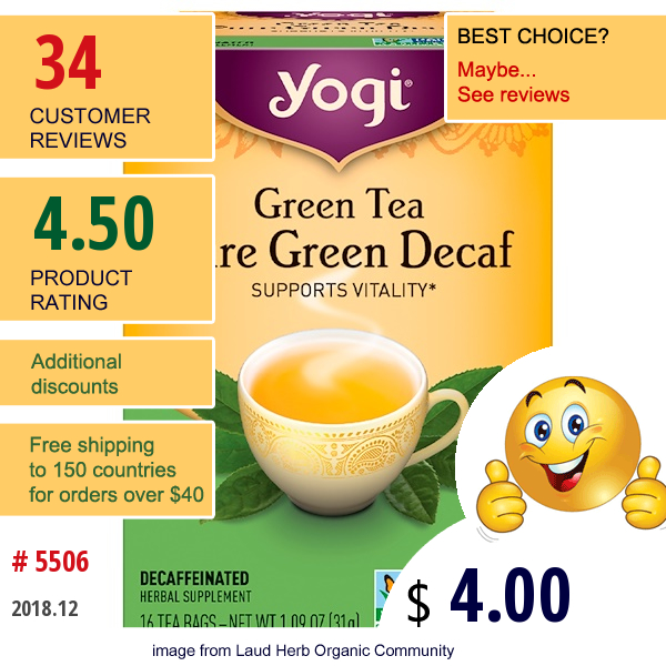 Yogi Tea, Green Tea, Pure Green Decaf, 16 Tea Bags, 1.09 Oz (31 G)
