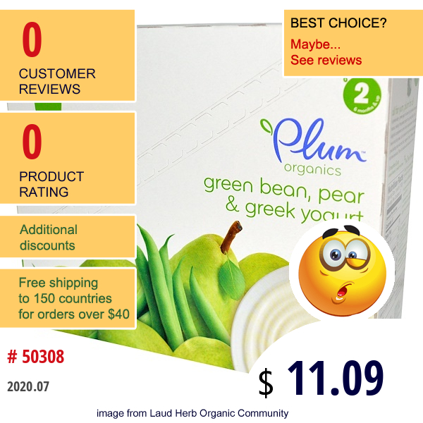 Plum Organics, Baby Food, Green Bean, Pear & Greek Yogurt, Stage 2, 6 Pouches, 4 Oz (113 G) Each  