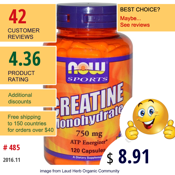 Now Foods, Sports, Creatine Monohydrate, 750 Mg, 120 Capsules