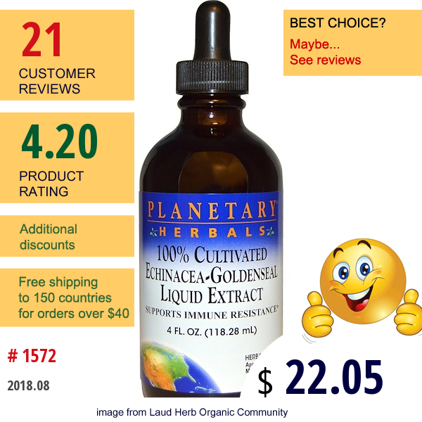 Planetary Herbals, 100% Cultivated Echinacea-Goldenseal Liquid Extract, 4 Fl Oz (118.28 Ml)  