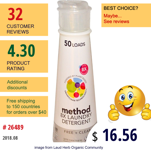 Method, Laundry Detergent, 50 Loads, Free + Clear,  20 Fl Oz (600 Ml)