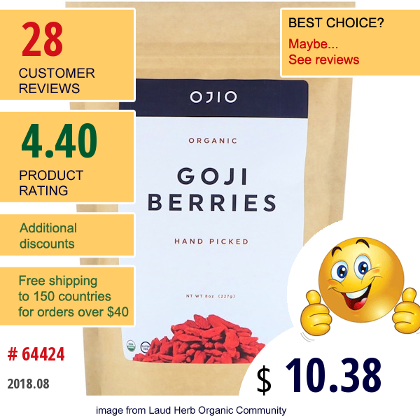 Ojio, Organic Goji Berries, Hand Picked, 8 Oz (227 G)