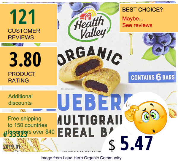 Health Valley, Organic Multigrain Cereal Bars, Blueberry, 6 Bars, 1.3 Oz (37 G) Each