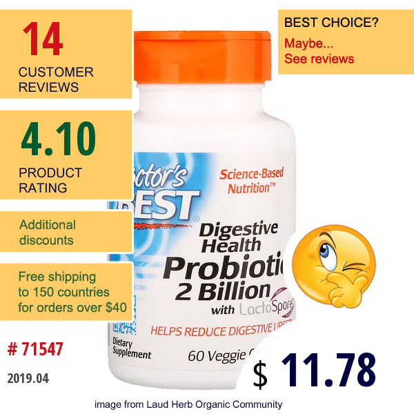 Doctors Best, Digestive Health, Probiotic 2 Billion With Lactospore, 60 Veggie Caps