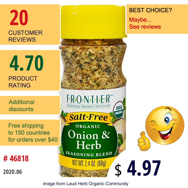 Frontier Natural Products, Organic Onion & Herb, Seasoning Blend, 2.4 Oz (68 G)  