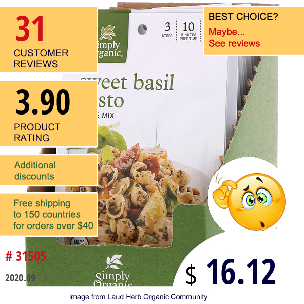 Simply Organic, Sweet Basil Pesto Sauce Mix, 12 Packets, 0.53 Oz (15 G) Each