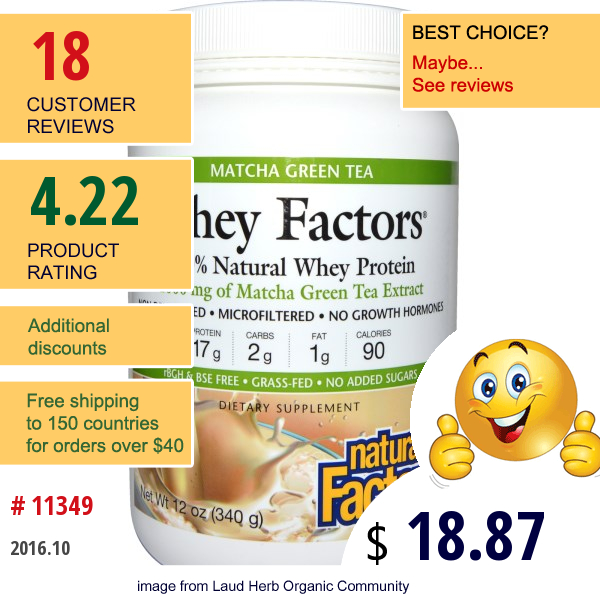 Natural Factors, Whey Factors, 100% Natural Whey Protein, Matcha Green Tea, 12 Oz (340 G)