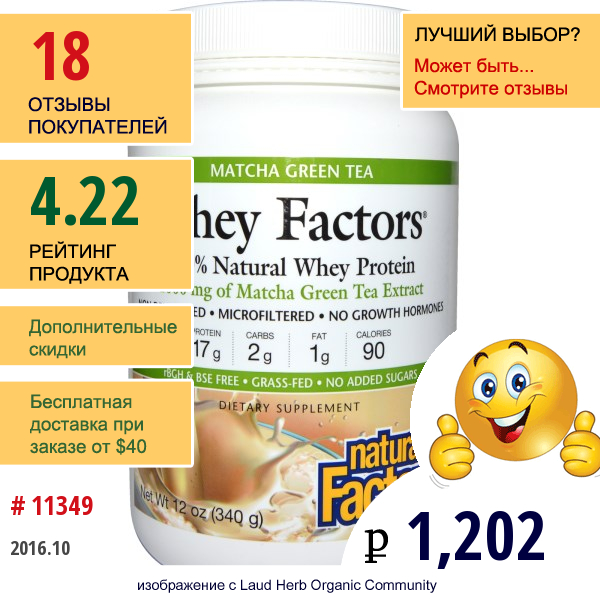 Natural Factors, Whey Factors, 100% Натуральный Сывороточный Протеин, Зеленый Чай Маття, 1000 Мг, 12 Унций (340 Г) 