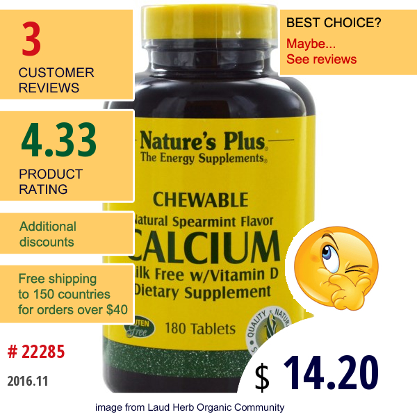 Natures Plus, Milk Free W/vitamin D, Natural Spearmint Flavor, 180 Tablets  