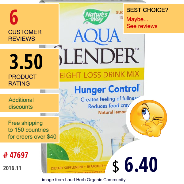 Natures Way, Aqua Slender, Weight Loss Drink Mix, Natural Lemon Flavor, 10 Packets, .25 Oz (7 G) Each  
