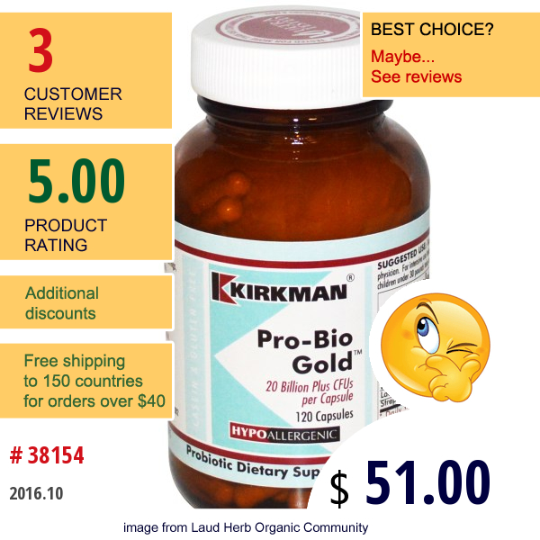 Kirkman Labs, Pro-Bio Gold, Hypoallergenic, 120 Capsules (Ice)   