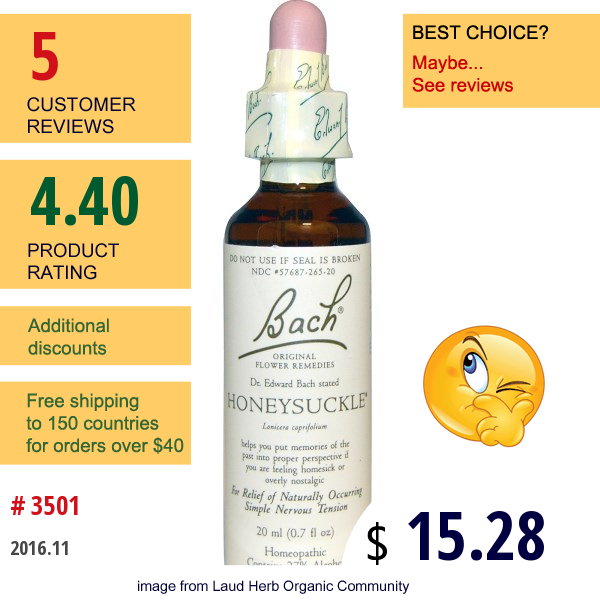 Bach, Original Flower Remedies, Honeysuckle, 0.7 Fl Oz (20 Ml)