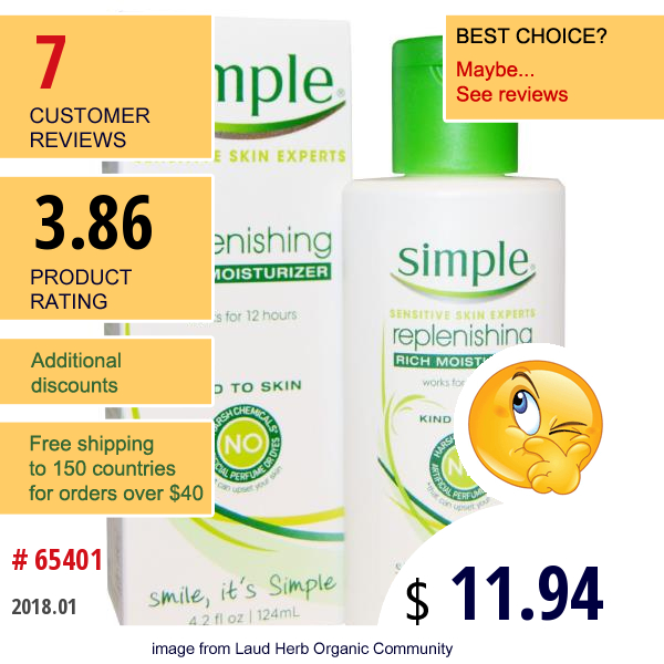 Simple Skincare, Replenishing Rich Moisturizer, 4.2 Fl Oz (124 Ml)  