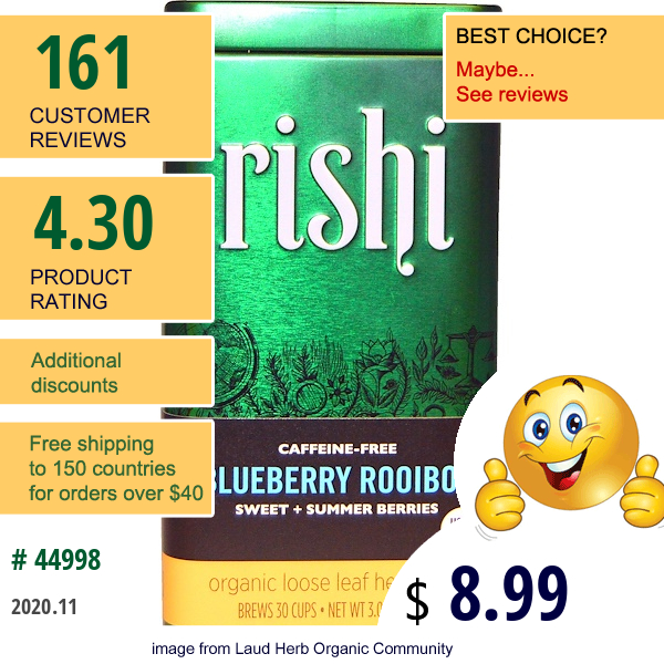 Rishi Tea, Organic Loose Leaf Herbal Tea, Blueberry Rooibos, Caffeine-Free, 3.00 Oz (85 G)