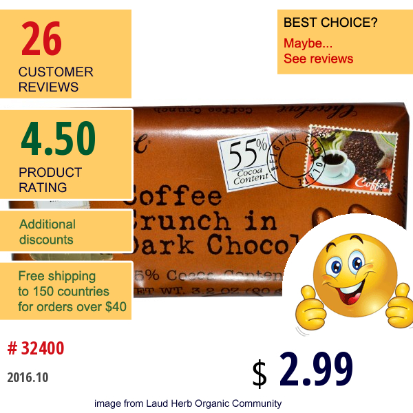 Chocolove, Coffee Crunch In Dark Chocolate, 3.2 Oz (90 G)