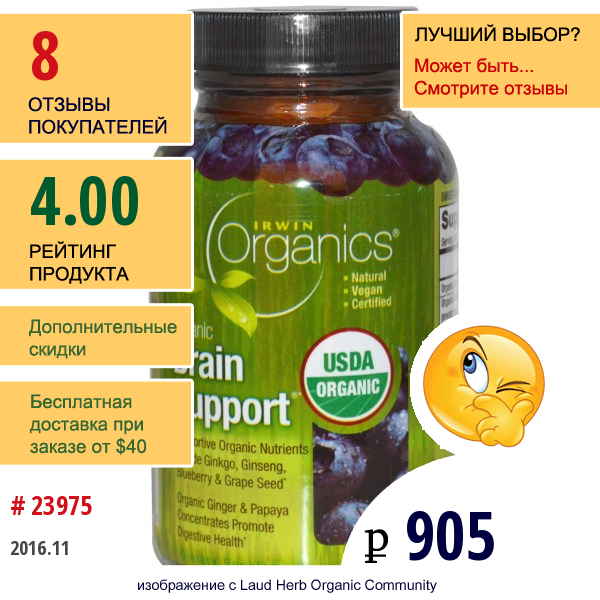 Irwin Naturals, Organics, Brain Support, 60 Таблеток