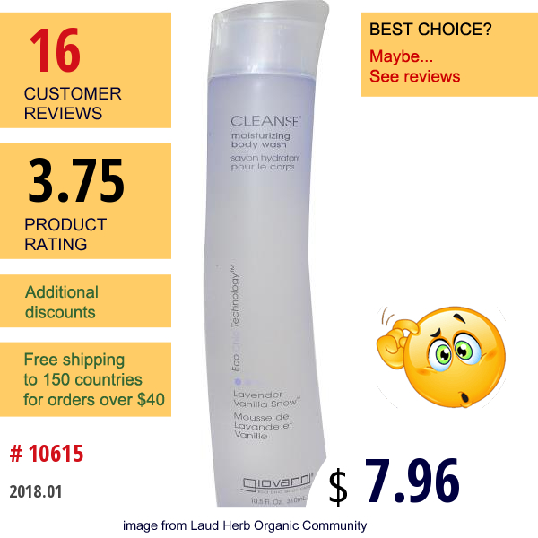 Giovanni, Cleanse, Moisturizing Body Wash, Lavender Vanilla Snow, 10.5 Fl Oz (310 Ml)  