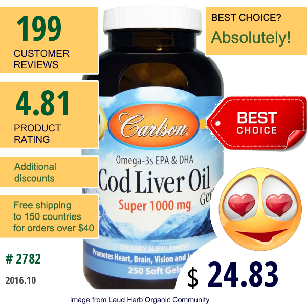 Carlson Labs, Cod Liver Oil Gems, Super 1000 Mg, 250 Soft Gels