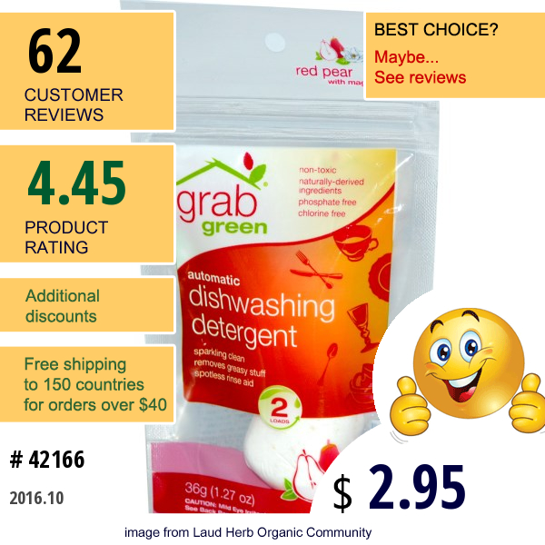 Grabgreen, Automatic Dishwashing Detergent, Red Pear With Magnolia, 2 Loads, 1.27 Oz (36 G)  