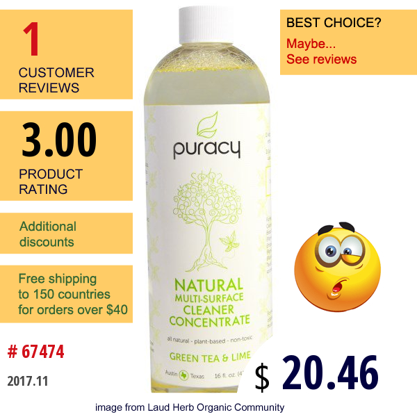 Puracy, Natural Multi-Surface Cleaner Concentrate, Green Tea & Lime, 16 Fl Oz (473 Ml)